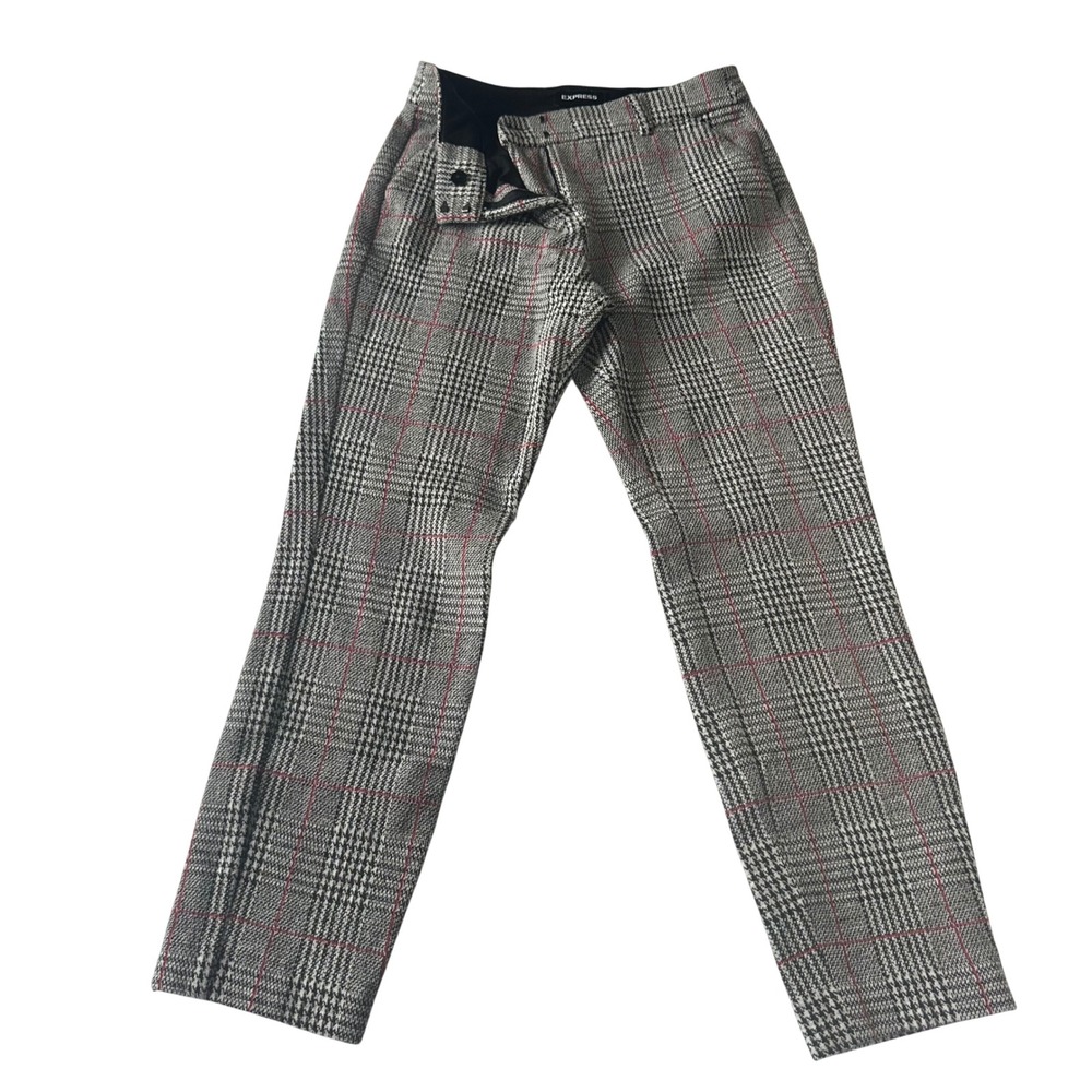 Express Columnist Ankle Mid Rise Plaid Pants Grey Red Windowpane 2R 600006